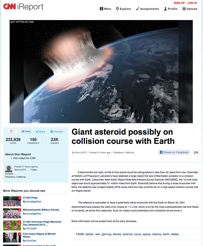 Illustration for article titled CNN Needlessly Terrifies Thousands By Publishing Asteroid Hoax